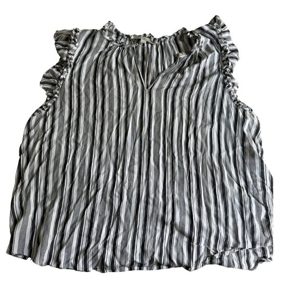 Loft Striped Ruffle Split Neck Shell black and white stripe size XXL - Picture 1 of 6